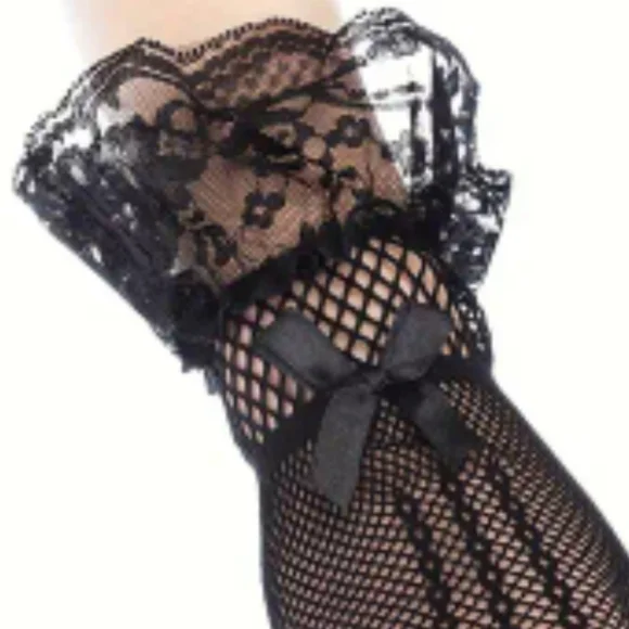 Elegant Black Tight Knit Fishnet & Lace Ruffle Gloves W/A Cute Black Satin Bow - Picture 4 of 7